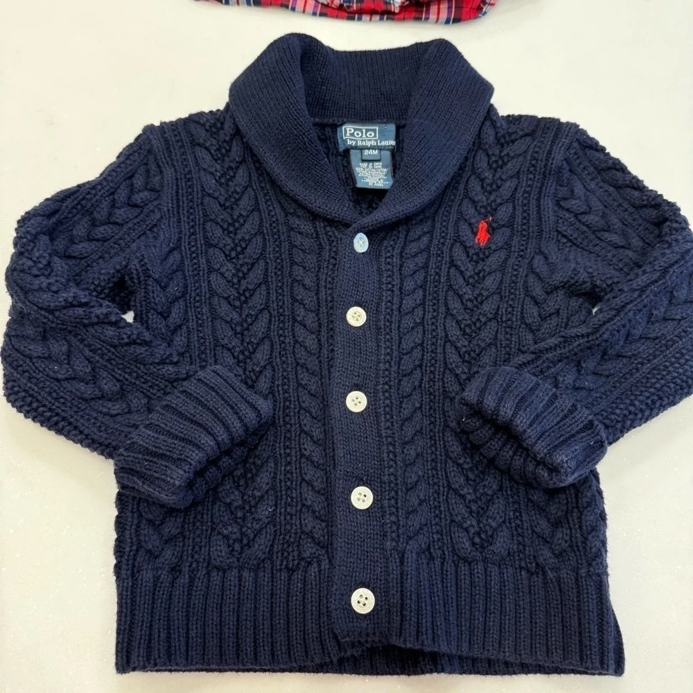 Ralph Lauren Boys Navy Cable Knit Cardigan & Plaid Shirt Sz 24 Mo